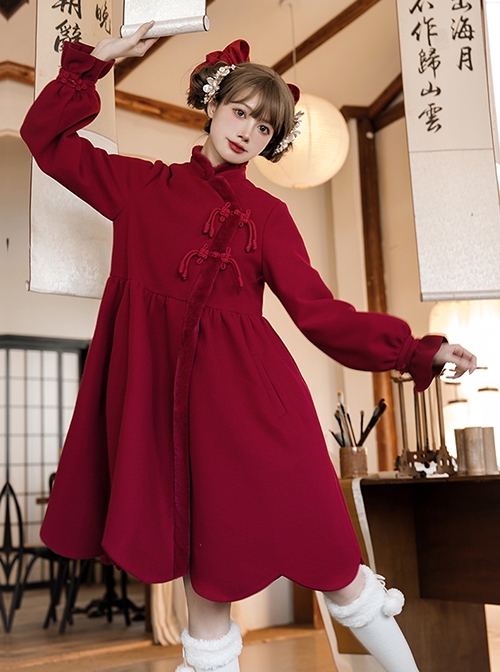 Classic Chinese Style Wine Red Festive New Year Christmas Auspicious Petal Hem Bowknot Sweet Daily Wool Collar Coat