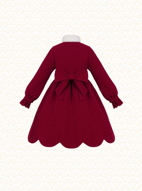 Classic Chinese Style Wine Red Festive New Year Christmas Auspicious Petal Hem Bowknot Sweet Daily Wool Collar Coat