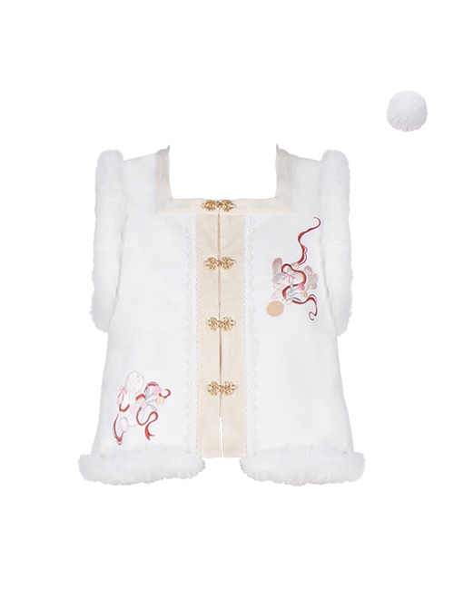 Chinese Style New Year Lantern Festival White Woolen Lucky Cloud Embroidery Cute Rabbit Tail Fur Ball Waistcoat Vest