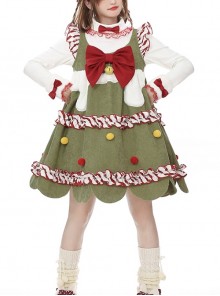 My Christmas Tree Series Green Small Flying Sleeves Christmas Red Color Block Hairball Sleeveless Kawaii Fashion Vest Dress