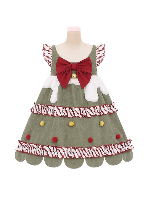 My Christmas Tree Series Green Small Flying Sleeves Christmas Red Color Block Hairball Sleeveless Kawaii Fashion Vest Dress