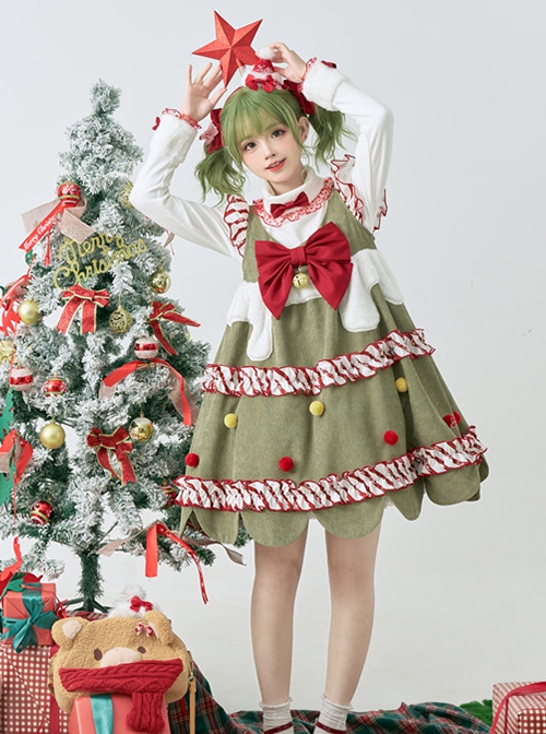 My Christmas Tree Series Green Small Flying Sleeves Christmas Red Color Block Hairball Sleeveless Kawaii Fashion Vest Dress