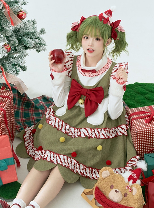 My Christmas Tree Series Green Small Flying Sleeves Christmas Red Color Block Hairball Sleeveless Kawaii Fashion Vest Dress