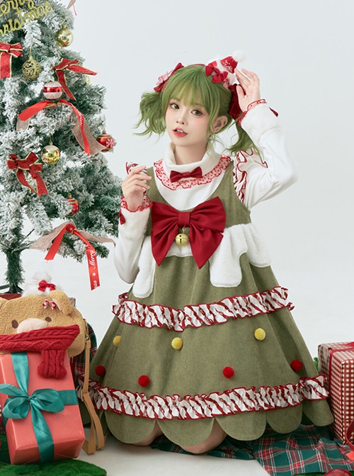 My Christmas Tree Series Green Small Flying Sleeves Christmas Red Color Block Hairball Sleeveless Kawaii Fashion Vest Dress