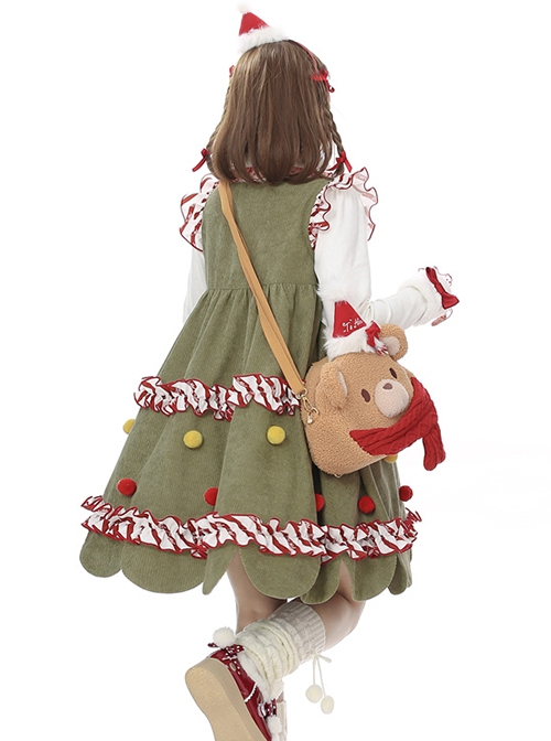 My Christmas Tree Series Green Small Flying Sleeves Christmas Red Color Block Hairball Sleeveless Kawaii Fashion Vest Dress