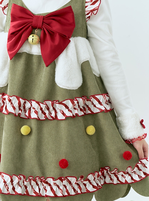 My Christmas Tree Series Green Small Flying Sleeves Christmas Red Color Block Hairball Sleeveless Kawaii Fashion Vest Dress