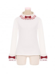 My Christmas Tree Series White Daily Cute Stand Collar Spliced Plush Cuffs Red Lace Bowknot Kawaii Fashion Long Sleeves Base Shirt Sweatshirt