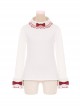 My Christmas Tree Series White Daily Cute Stand Collar Spliced Plush Cuffs Red Lace Bowknot Kawaii Fashion Long Sleeves Base Shirt Sweatshirt