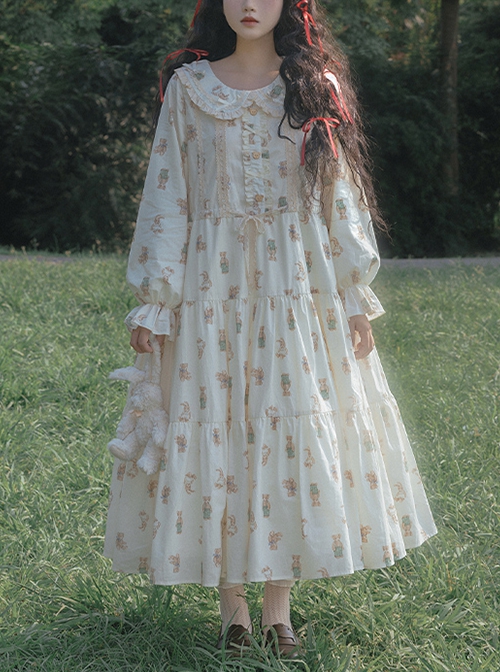 Pastoral Style Fresh Apricot Daily Loose Innocence Bunny Bear Print Fluffy Big Hem Classic Lolita Long Sleeves Dress OP