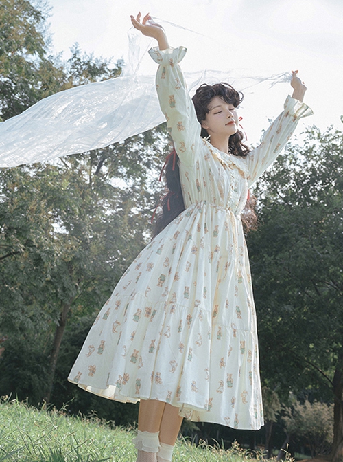 Pastoral Style Fresh Apricot Daily Loose Innocence Bunny Bear Print Fluffy Big Hem Classic Lolita Long Sleeves Dress OP