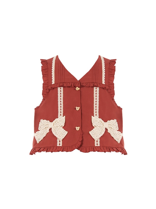 Pastoral Style Retro Literature Art Maroon Red Square Collar Lace Bowknot Ruffles Classic Lolita Knitted Vest