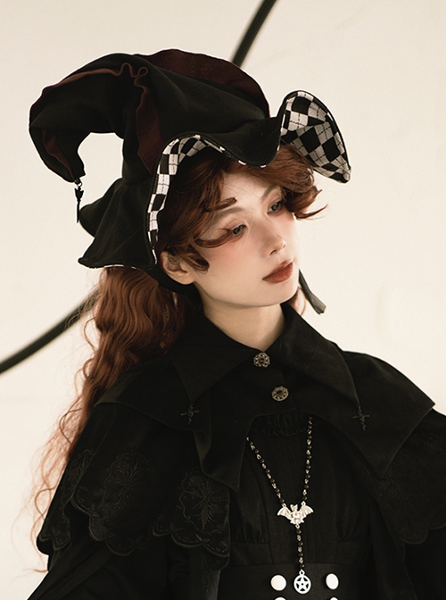 Prediction Series Gothic Lolita Dark Black White Chessboard Plaid Cross Pendant Pleated Lace 3D Witch Halloween Magician Hat