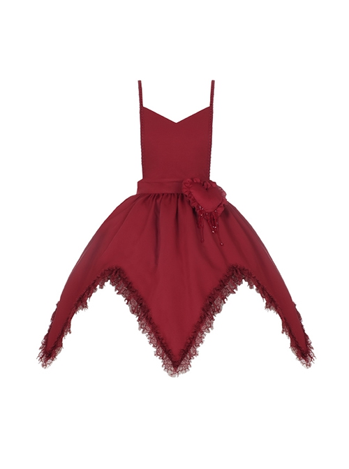 Scarlet Witch Dark Wine Red Gothic Lolita Versatile Accessories Heart Brooch V Shape Hem Lace Ruffles Apron