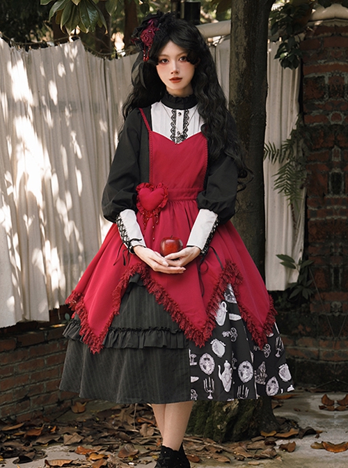 Scarlet Witch Dark Wine Red Gothic Lolita Versatile Accessories Heart Brooch V Shape Hem Lace Ruffles Apron