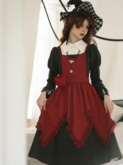 Scarlet Witch Dark Wine Red Gothic Lolita Versatile Accessories Heart Brooch V Shape Hem Lace Ruffles Apron