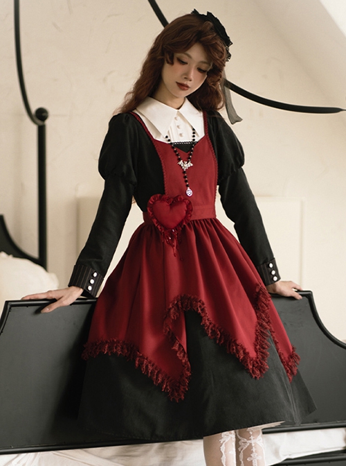 Scarlet Witch Dark Wine Red Gothic Lolita Versatile Accessories Heart Brooch V Shape Hem Lace Ruffles Apron