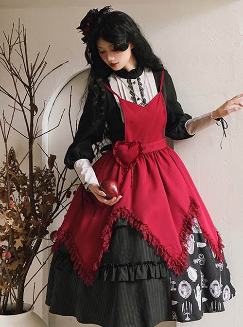 Scarlet Witch Dark Wine Red Gothic Lolita Versatile Accessories Heart Brooch V Shape Hem Lace Ruffles Apron