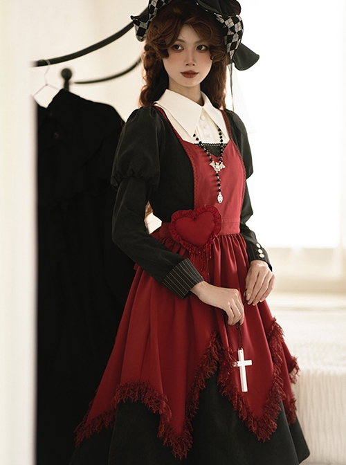 Scarlet Witch Dark Wine Red Gothic Lolita Versatile Accessories Heart Brooch V Shape Hem Lace Ruffles Apron
