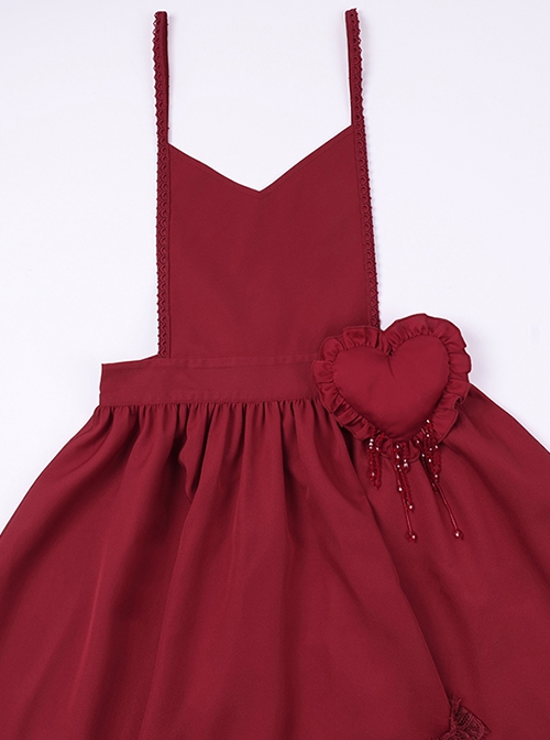 Scarlet Witch Dark Wine Red Gothic Lolita Versatile Accessories Heart Brooch V Shape Hem Lace Ruffles Apron