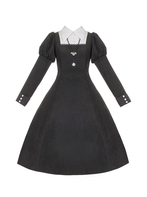 Redemption Cross Series Gothic Lolita Bat Necklace Nun Style Black Holiness Puff Long Sleeve Dress