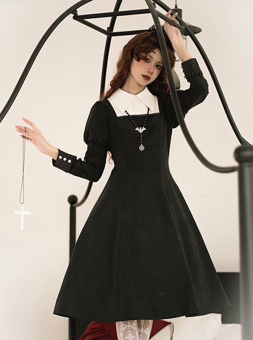 Redemption Cross Series Gothic Lolita Bat Necklace Nun Style Black Holiness Puff Long Sleeve Dress