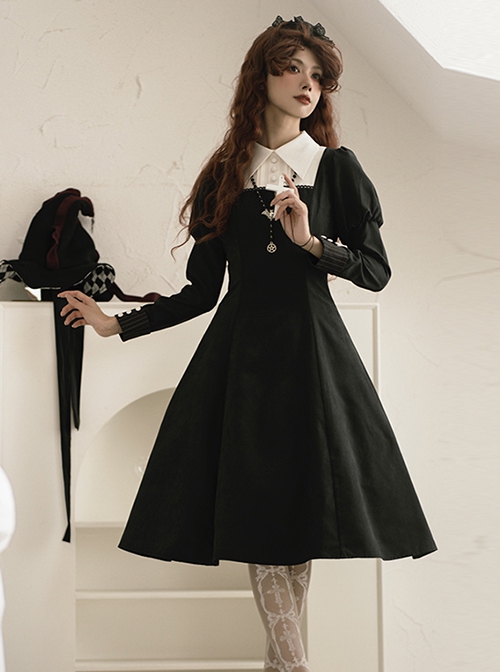 Redemption Cross Series Gothic Lolita Bat Necklace Nun Style Black Holiness Puff Long Sleeve Dress