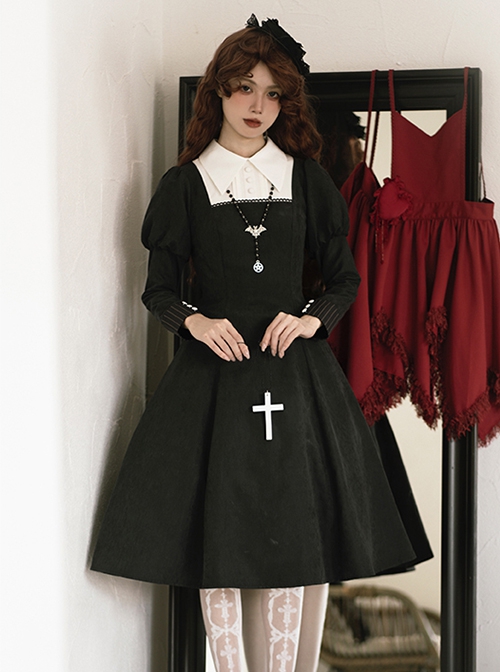 Redemption Cross Series Gothic Lolita Bat Necklace Nun Style Black Holiness Puff Long Sleeve Dress