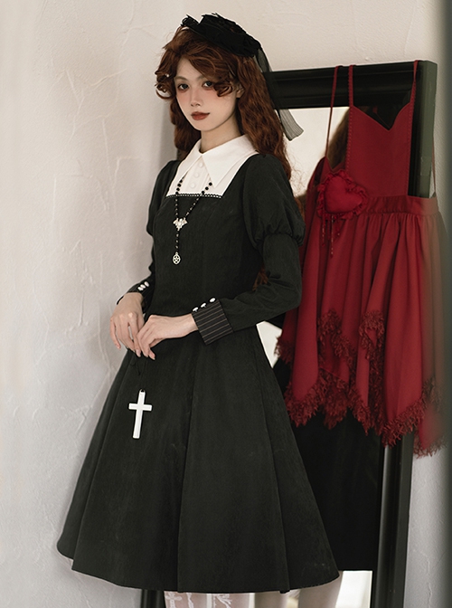 Redemption Cross Series Gothic Lolita Bat Necklace Nun Style Black Holiness Puff Long Sleeve Dress