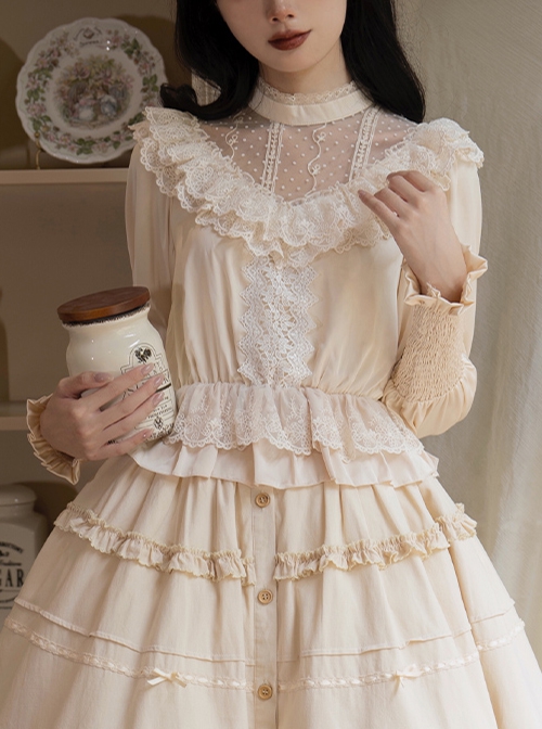 Twilight Series V-Neck Ruffled Mesh Lace Elegant Romantic Daily Palace Apricot Lamb Leg Sleeves Satin Classic Lolita Shirt