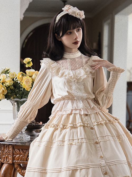 Twilight Series V-Neck Ruffled Mesh Lace Elegant Romantic Daily Palace Apricot Lamb Leg Sleeves Satin Classic Lolita Shirt