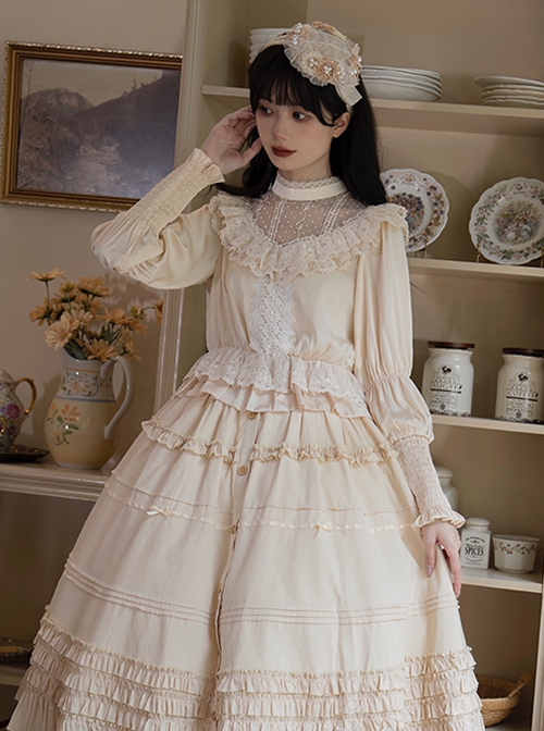 Twilight Series V-Neck Ruffled Mesh Lace Elegant Romantic Daily Palace Apricot Lamb Leg Sleeves Satin Classic Lolita Shirt