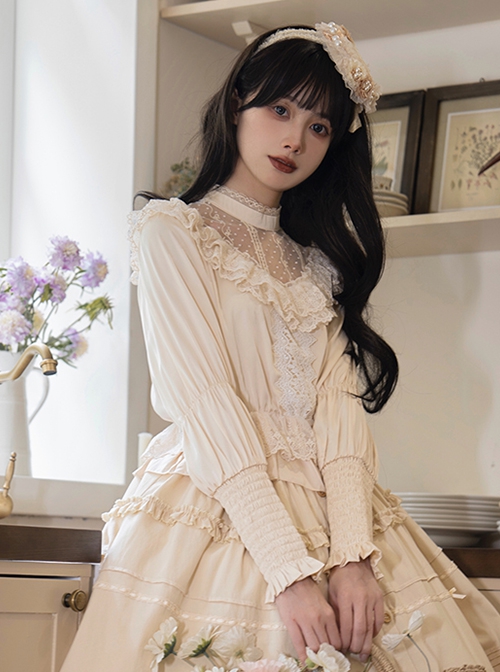 Twilight Series V-Neck Ruffled Mesh Lace Elegant Romantic Daily Palace Apricot Lamb Leg Sleeves Satin Classic Lolita Shirt