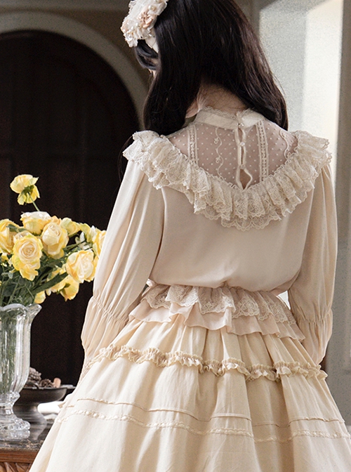 Twilight Series V-Neck Ruffled Mesh Lace Elegant Romantic Daily Palace Apricot Lamb Leg Sleeves Satin Classic Lolita Shirt