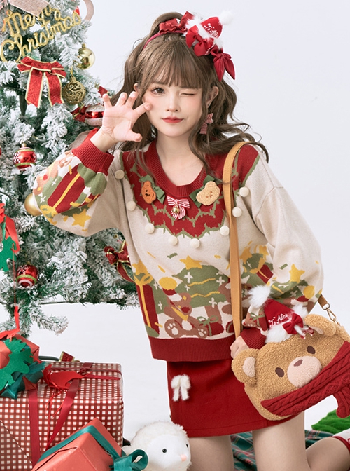 Bear Gift Series Cute Chunky Christmas Sweet Print Red White Splicing Knitted Crew Neck Kawaii Fashion Pullover Sweater