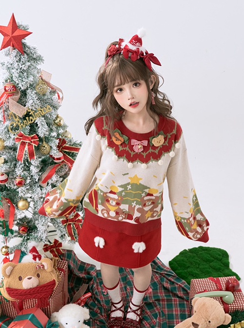 Bear Gift Series Cute Chunky Christmas Sweet Print Red White Splicing Knitted Crew Neck Kawaii Fashion Pullover Sweater