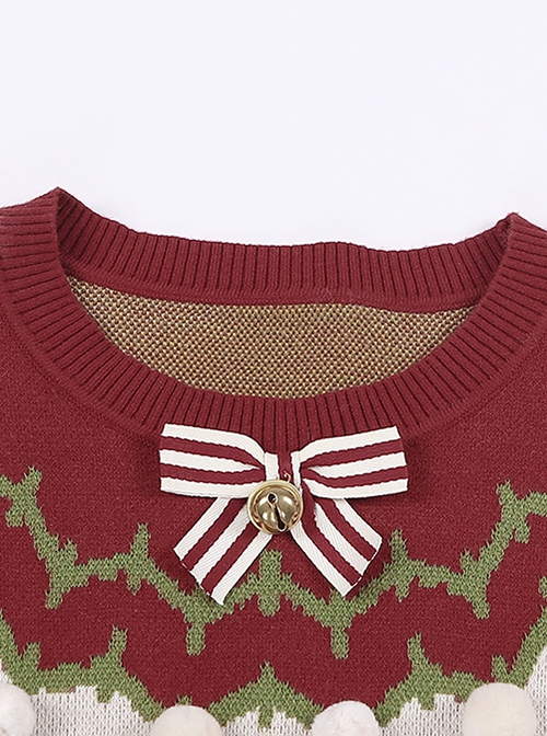 Bear Gift Series Cute Chunky Christmas Sweet Print Red White Splicing Knitted Crew Neck Kawaii Fashion Pullover Sweater