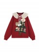 Ruffled Lace Doll Collar Christmas Autumn Winter Suede Christmas Tree Teddy Bear Print Wine Red Plus Velvet Kawaii Fashion Pullover Sweatshirt