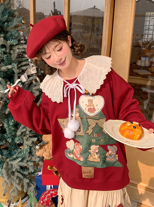 Ruffled Lace Doll Collar Christmas Autumn Winter Suede Christmas Tree Teddy Bear Print Wine Red Plus Velvet Kawaii Fashion Pullover Sweatshirt