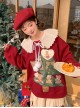 Ruffled Lace Doll Collar Christmas Autumn Winter Suede Christmas Tree Teddy Bear Print Wine Red Plus Velvet Kawaii Fashion Pullover Sweatshirt