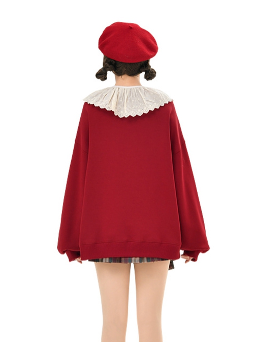 Ruffled Lace Doll Collar Christmas Autumn Winter Suede Christmas Tree Teddy Bear Print Wine Red Plus Velvet Kawaii Fashion Pullover Sweatshirt