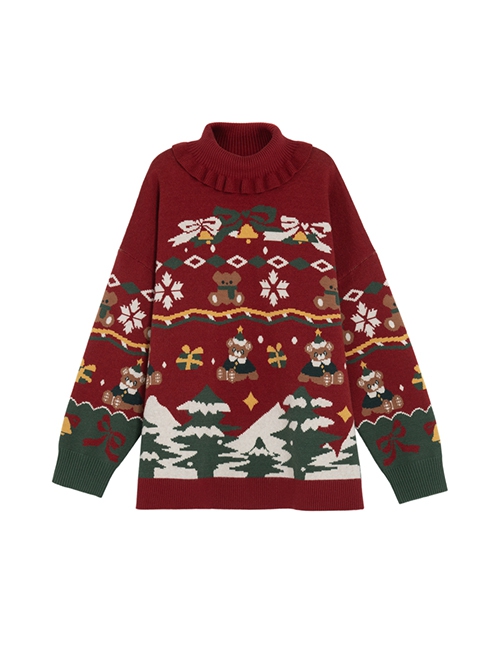 Christmas Pullover Loose Turtleneck Contrast Splice Bear Snowflake Pine Tree Gift Box Jacquard Inner Kawaii Fashion Red Sweater