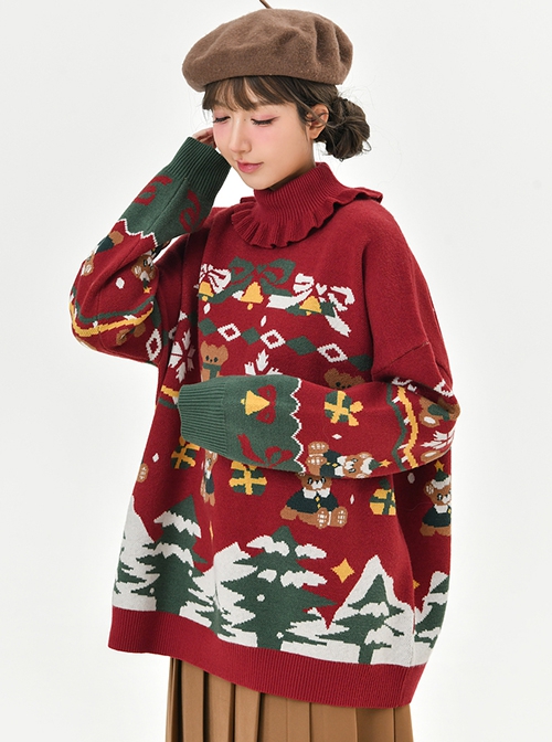 Christmas Pullover Loose Turtleneck Contrast Splice Bear Snowflake Pine Tree Gift Box Jacquard Inner Kawaii Fashion Red Sweater