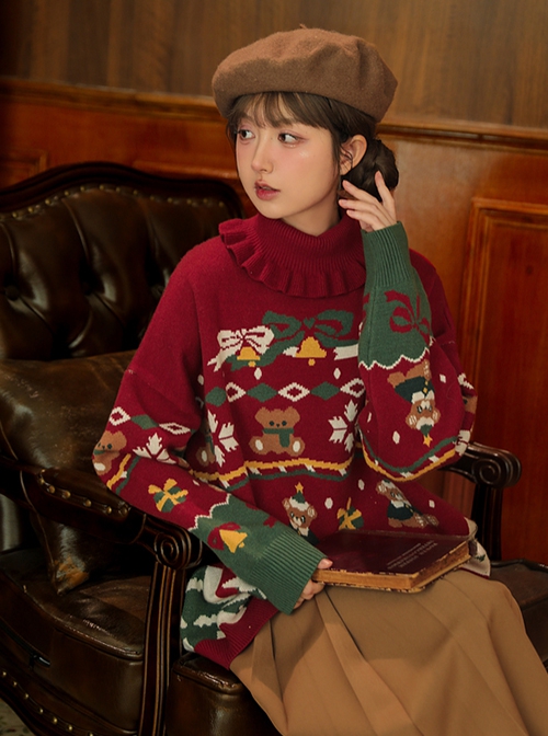 Christmas Pullover Loose Turtleneck Contrast Splice Bear Snowflake Pine Tree Gift Box Jacquard Inner Kawaii Fashion Red Sweater