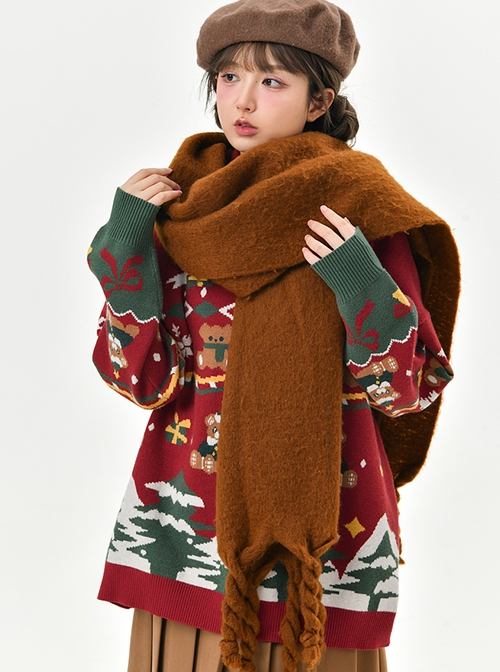 Christmas Pullover Loose Turtleneck Contrast Splice Bear Snowflake Pine Tree Gift Box Jacquard Inner Kawaii Fashion Red Sweater