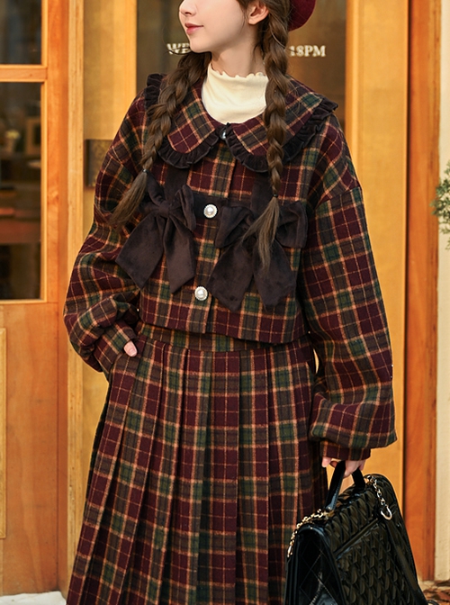 Autumn Winter Cute Doll Collar Christmas Red Plaid College Style Black Velvet Bowknot Kawaii Fashion Short Coat