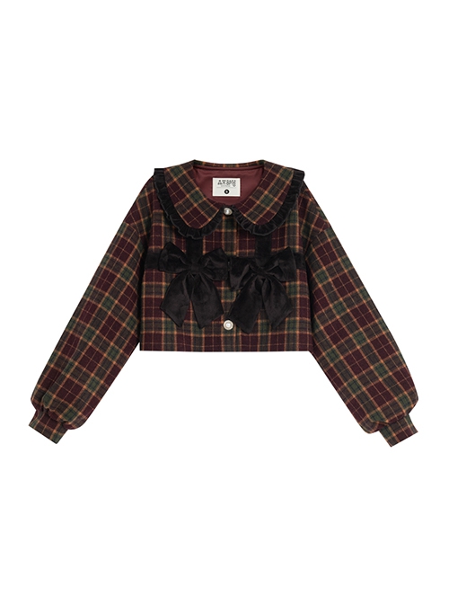 Autumn Winter Cute Doll Collar Christmas Red Plaid College Style Black Velvet Bowknot Kawaii Fashion Short Coat