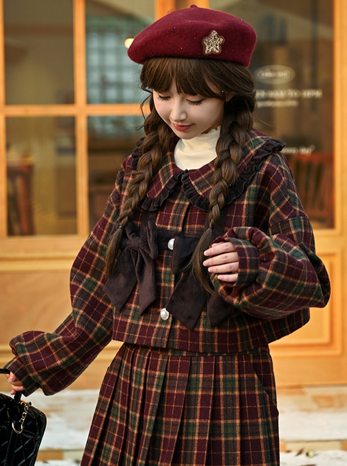 Autumn Winter Cute Doll Collar Christmas Red Plaid College Style Black Velvet Bowknot Kawaii Fashion Short Coat