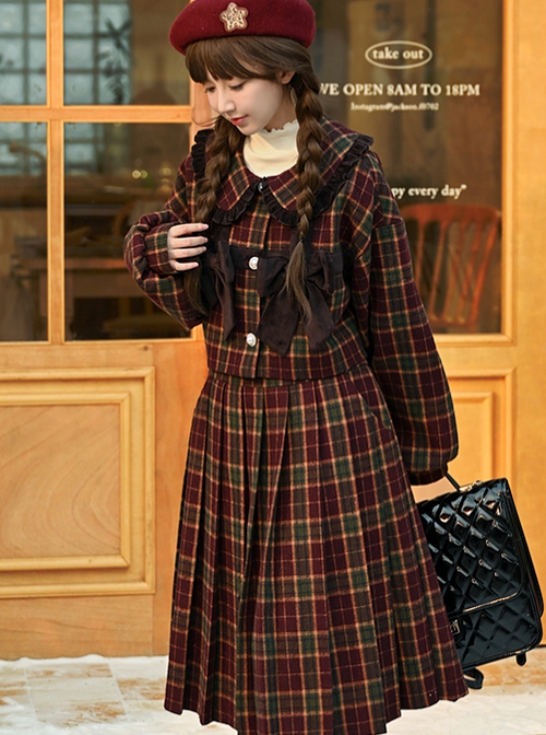 Autumn Winter Cute Doll Collar Christmas Red Plaid College Style Black Velvet Bowknot Kawaii Fashion Short Coat