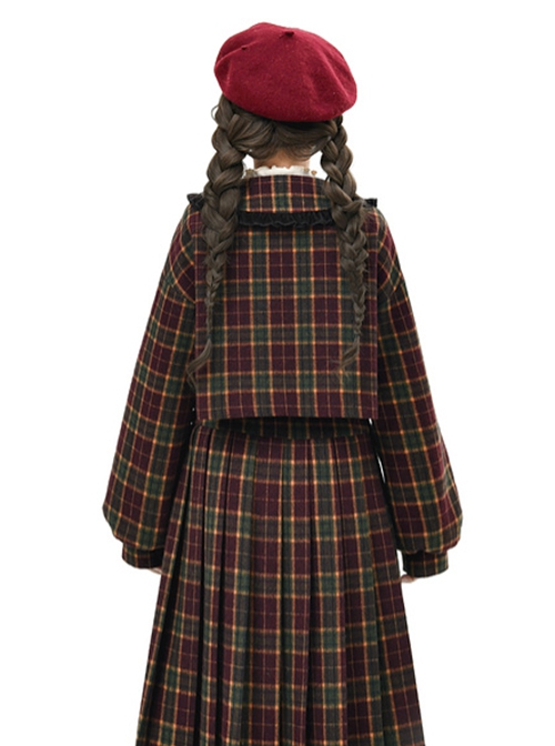 Autumn Winter Cute Doll Collar Christmas Red Plaid College Style Black Velvet Bowknot Kawaii Fashion Short Coat