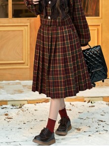 Christmas Red Plaid College Style Autumn Winter Daily Versatile Kawaii Fashion Woolen Long Pleated Skirt